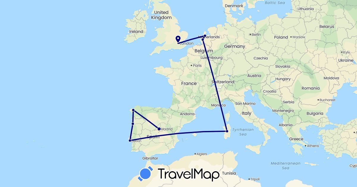 TravelMap itinerary: driving in Spain, United Kingdom, Italy, Netherlands, Portugal (Europe)